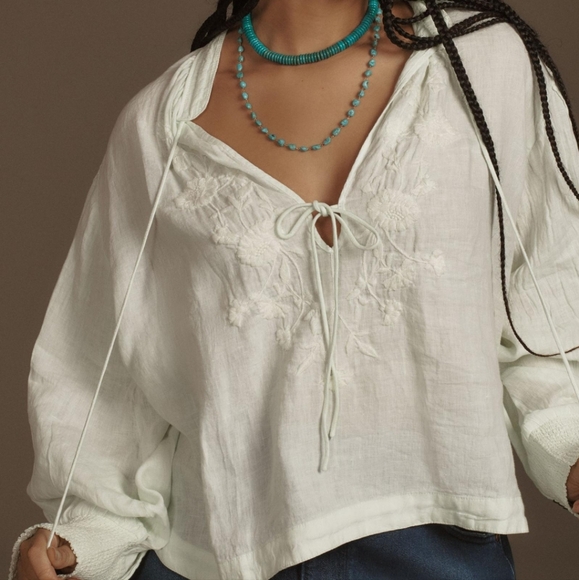 💫Host Pick! NEW!! Anthropologie Linen Long Sleeve Blouse, Mint XS Petite - Picture 3 of 8